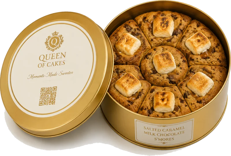 Warm salted caramel milk chocolate s'mores cookie tin