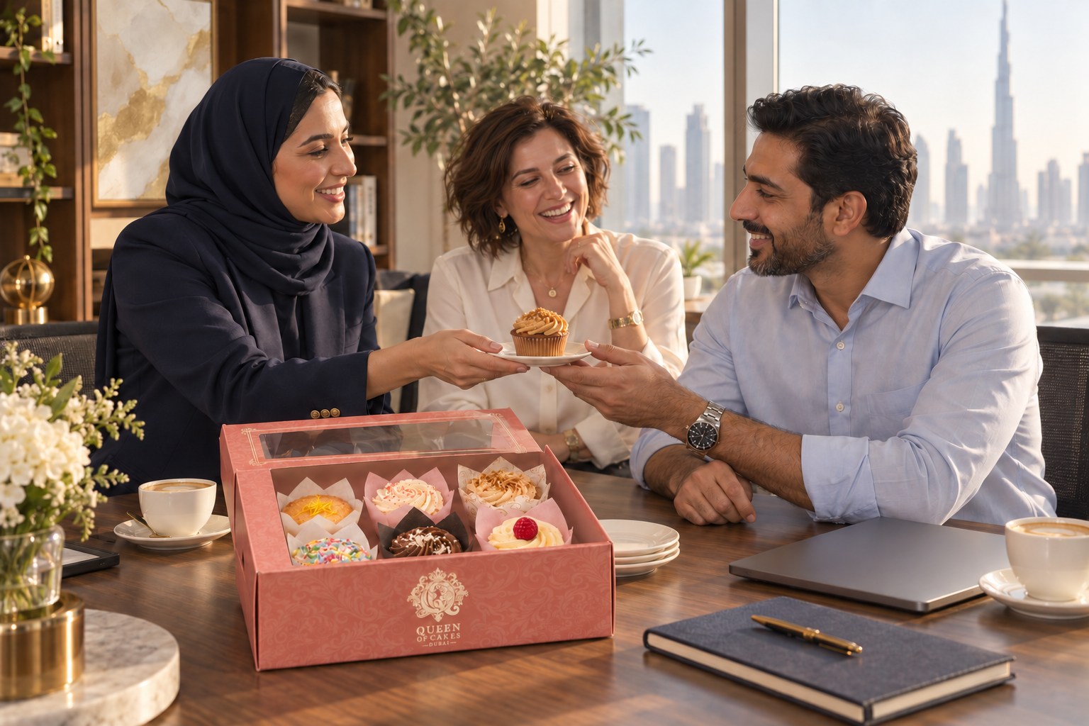 Styled scene of colleagues sharing QOC cupcakes and a happy moment