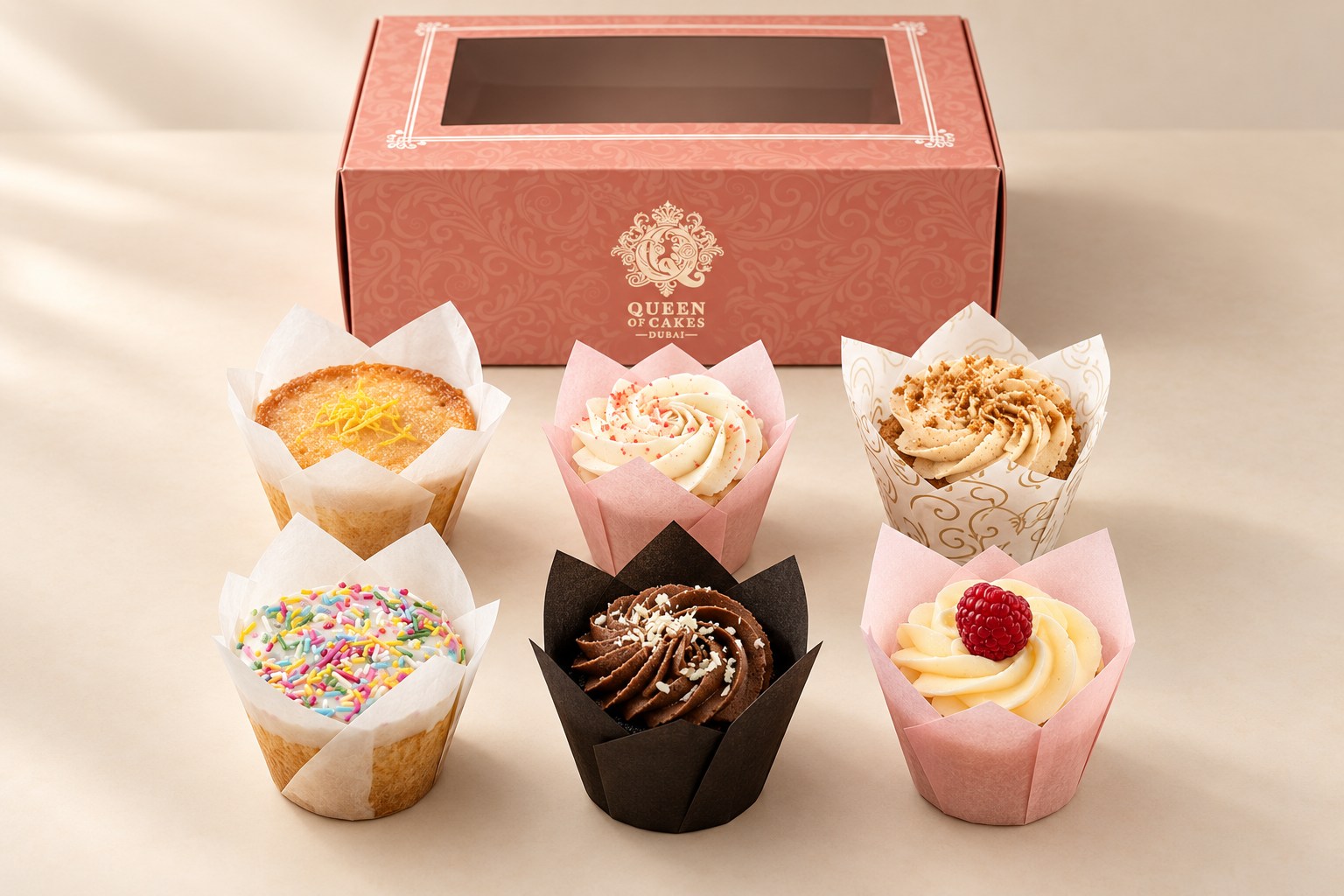 Six cupcakes with Queen of Cakes gift packaging